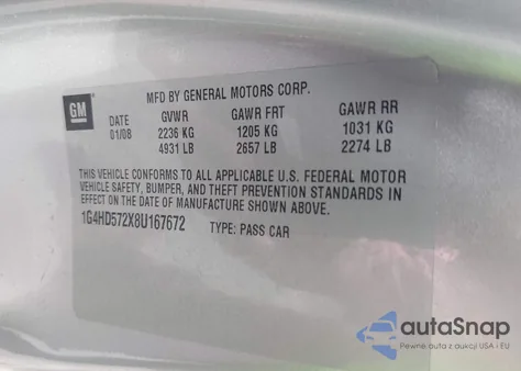 2008 Buick Lucerne Cxl из США, поврежденный, VIN 1G4HD572X8U167672